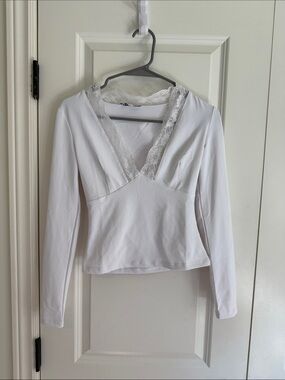 Harlow White Lace-Trim Long Sleeve V-Neck Top